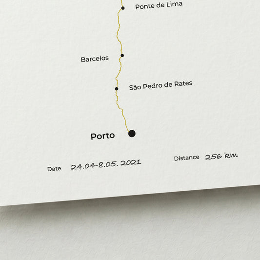 Personalized Camino Portugués Central map poster with handwritten date and distance details.
