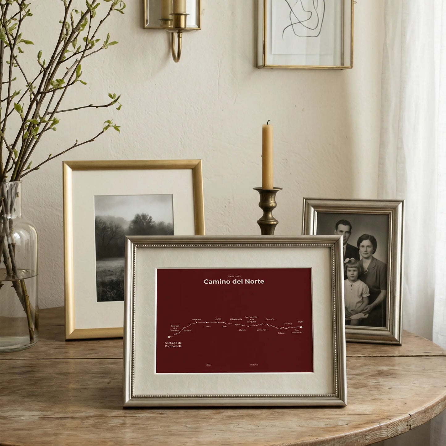 Minimalist Camino del Norte map poster in reserve red color, interior mockup.