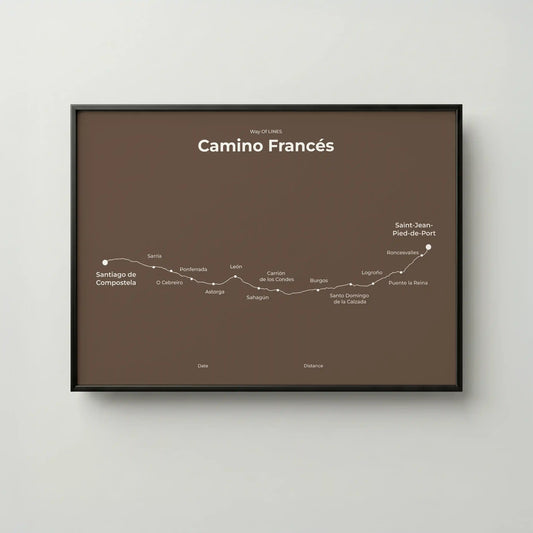 Minimalist Camino Francés map poster in ashen clay color, frame mockup.
