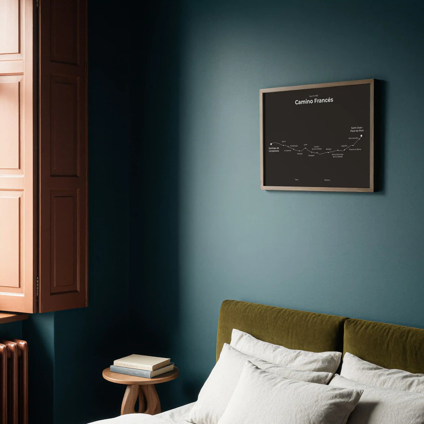 Minimalist Camino Francés map poster in deep bark color, interior mockup.