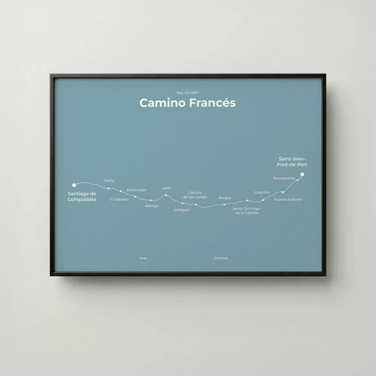 Minimalist Camino Francés map poster in high mist color, frame mockup.