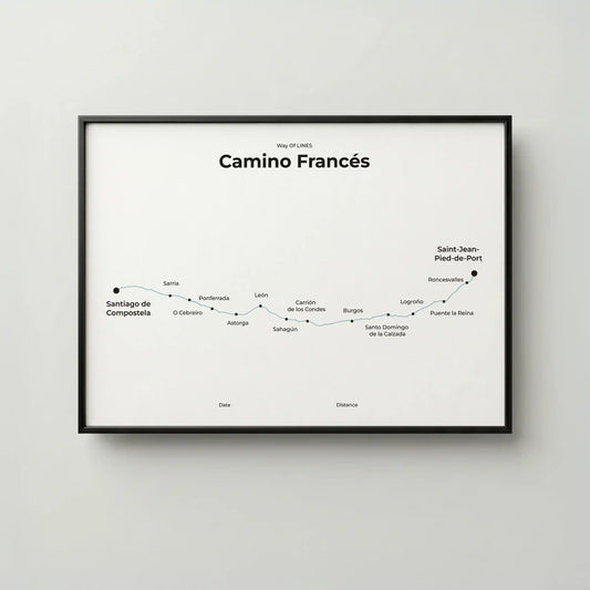 Minimalist Camino Francés map poster in north drift color, frame mockup.