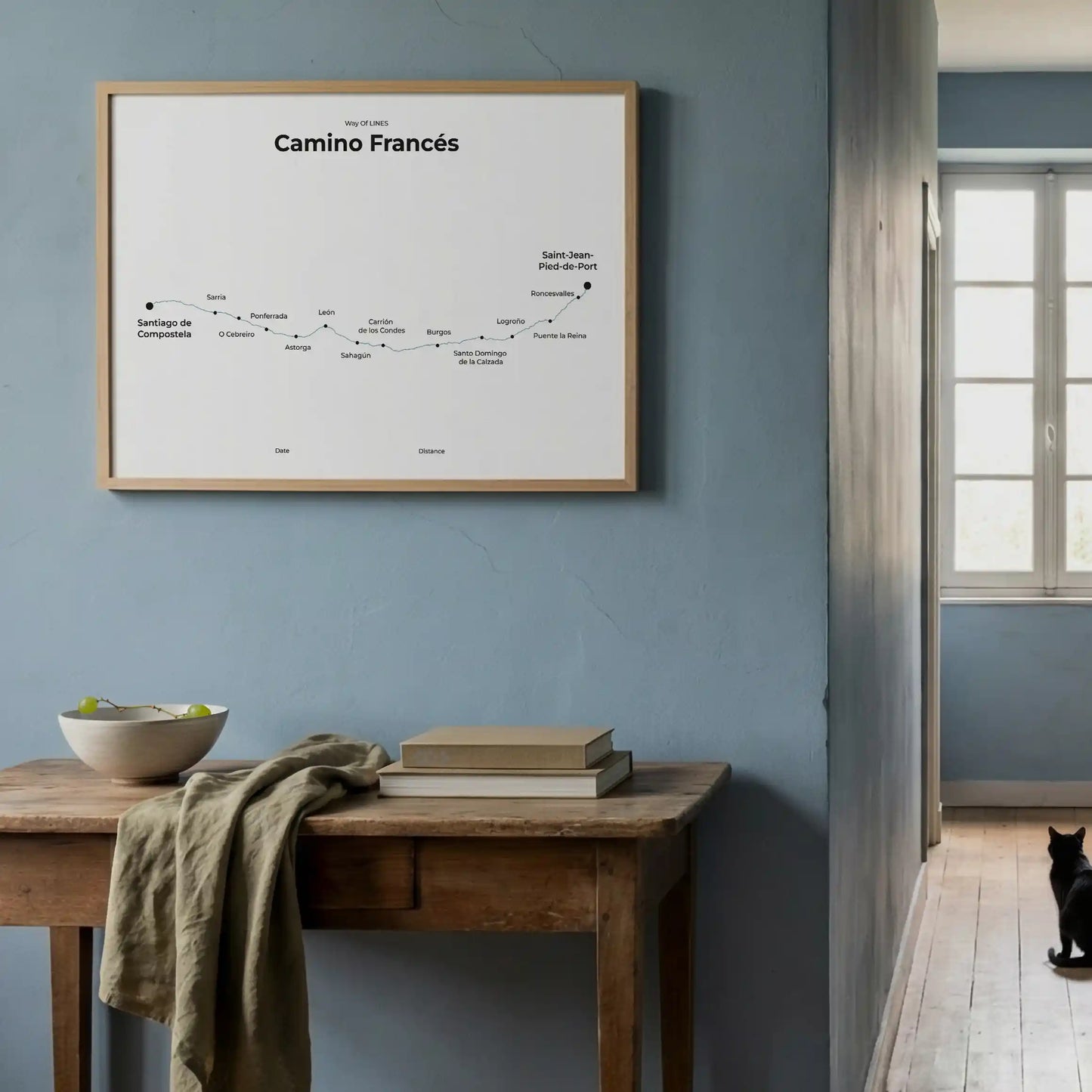 Minimalist Camino Francés map poster in north drift color, interior mockup.