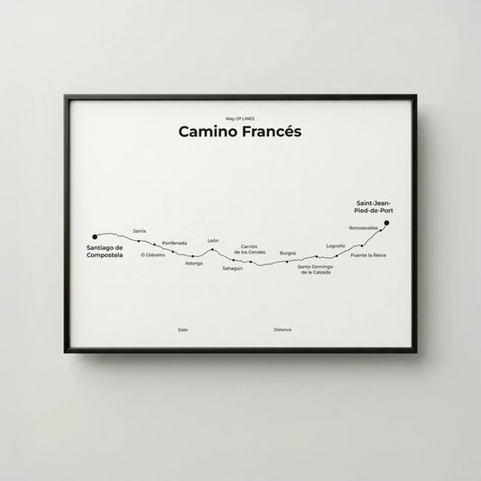 Minimalist Camino Francés map poster in quiet black color, frame mockup.