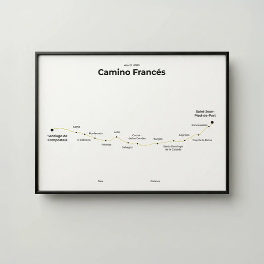 Minimalist Camino Francés map poster in sunworn color, frame mockup.