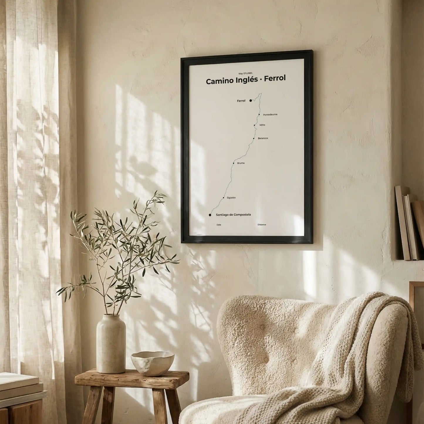 Minimalist Camino Inglés Ferrol to Santiago map poster in north drift color, interior mockup.