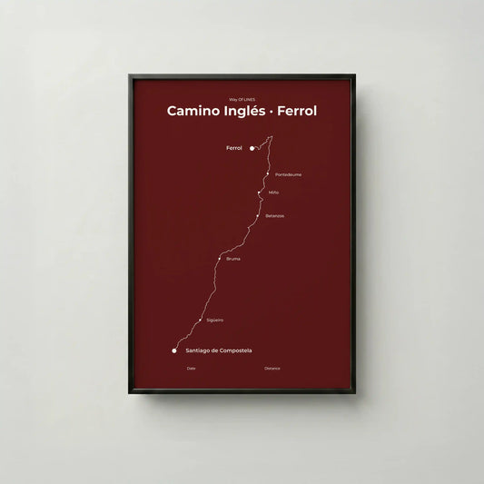 Minimalist Camino Inglés Ferrol to Santiago map poster in reserve red color, frame mockup.