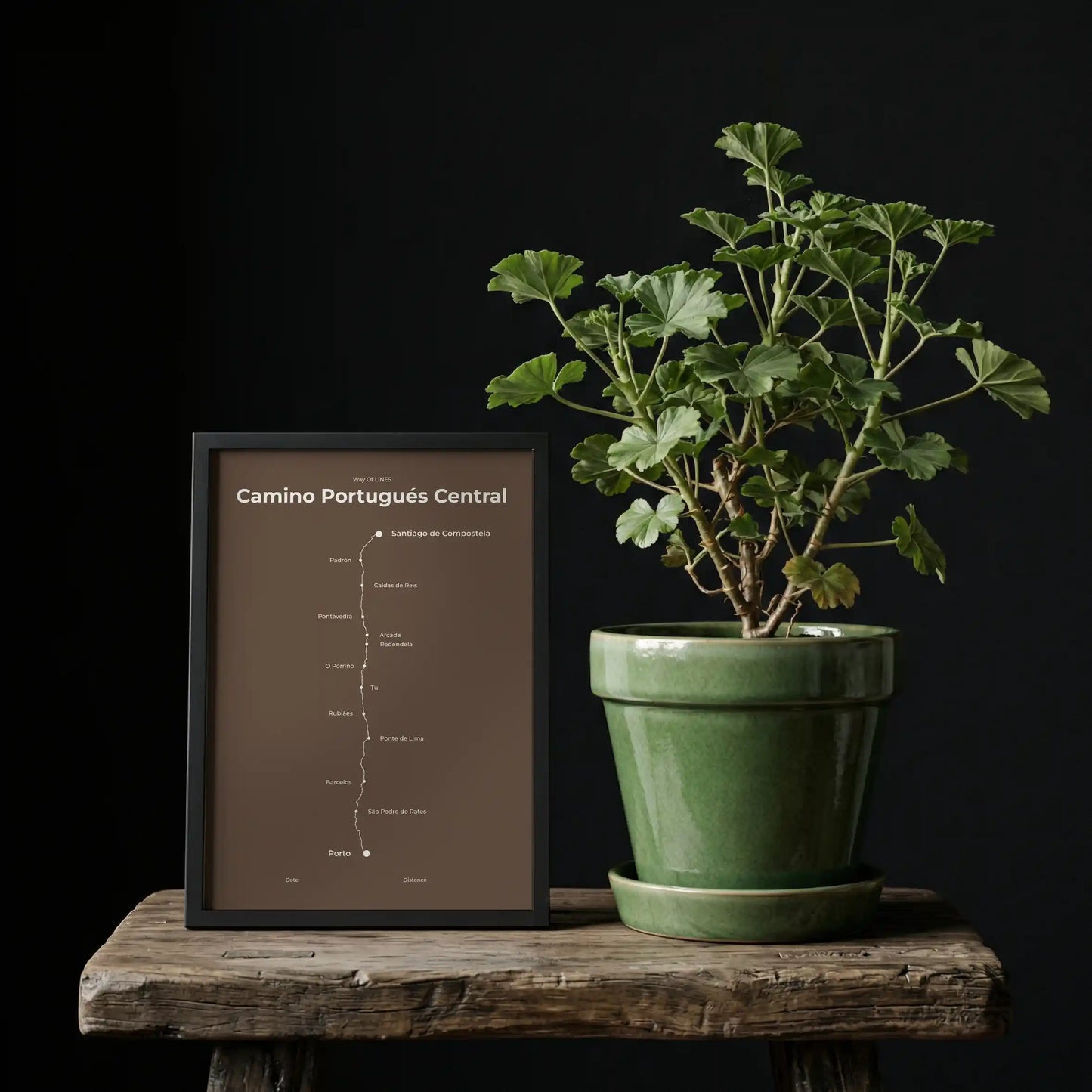 Minimalist Camino Portugués Central map poster in ashen clay color, interior mockup.