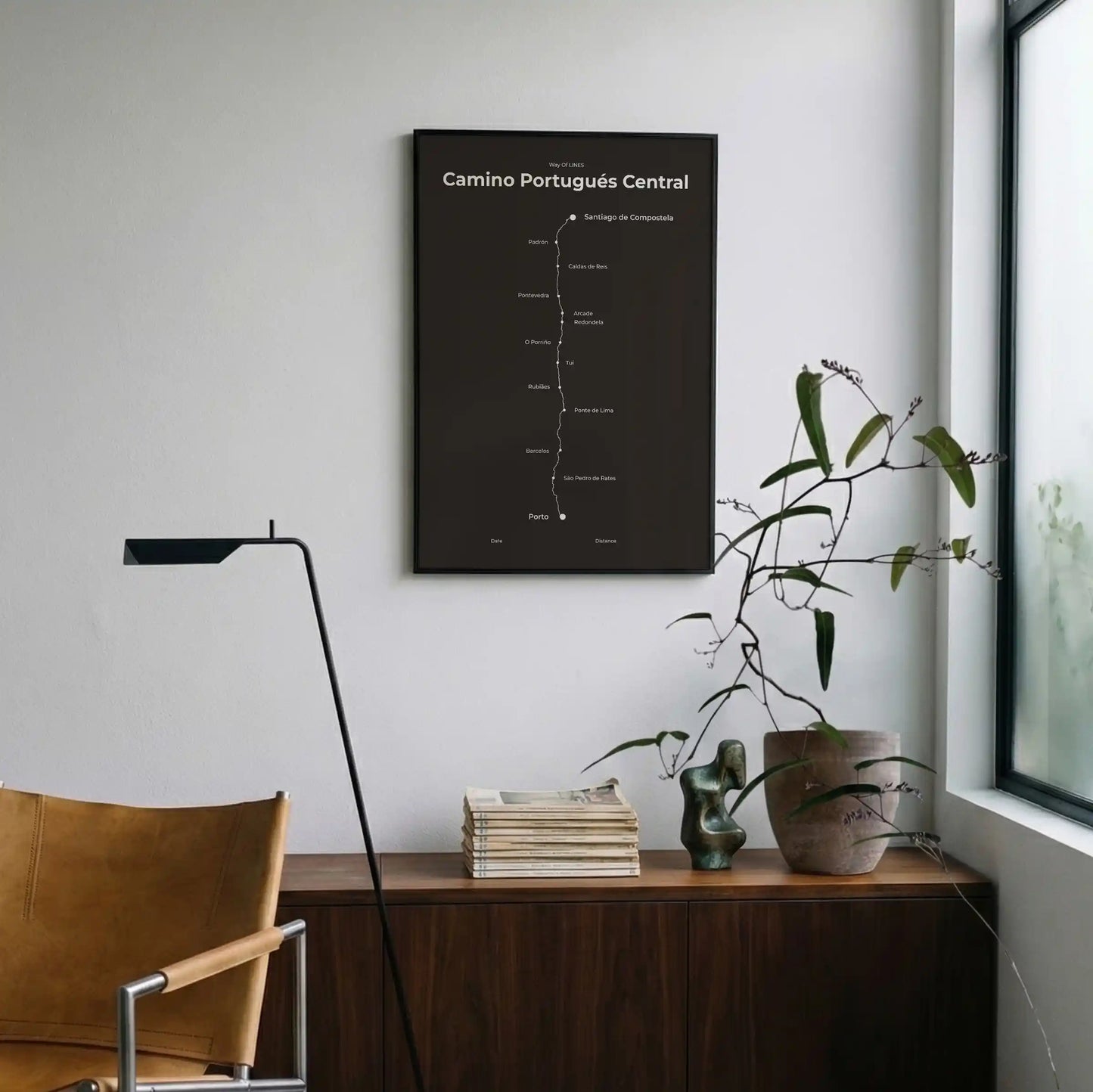 Minimalist Camino Portugués Central map poster in deep bark color, interior mockup.