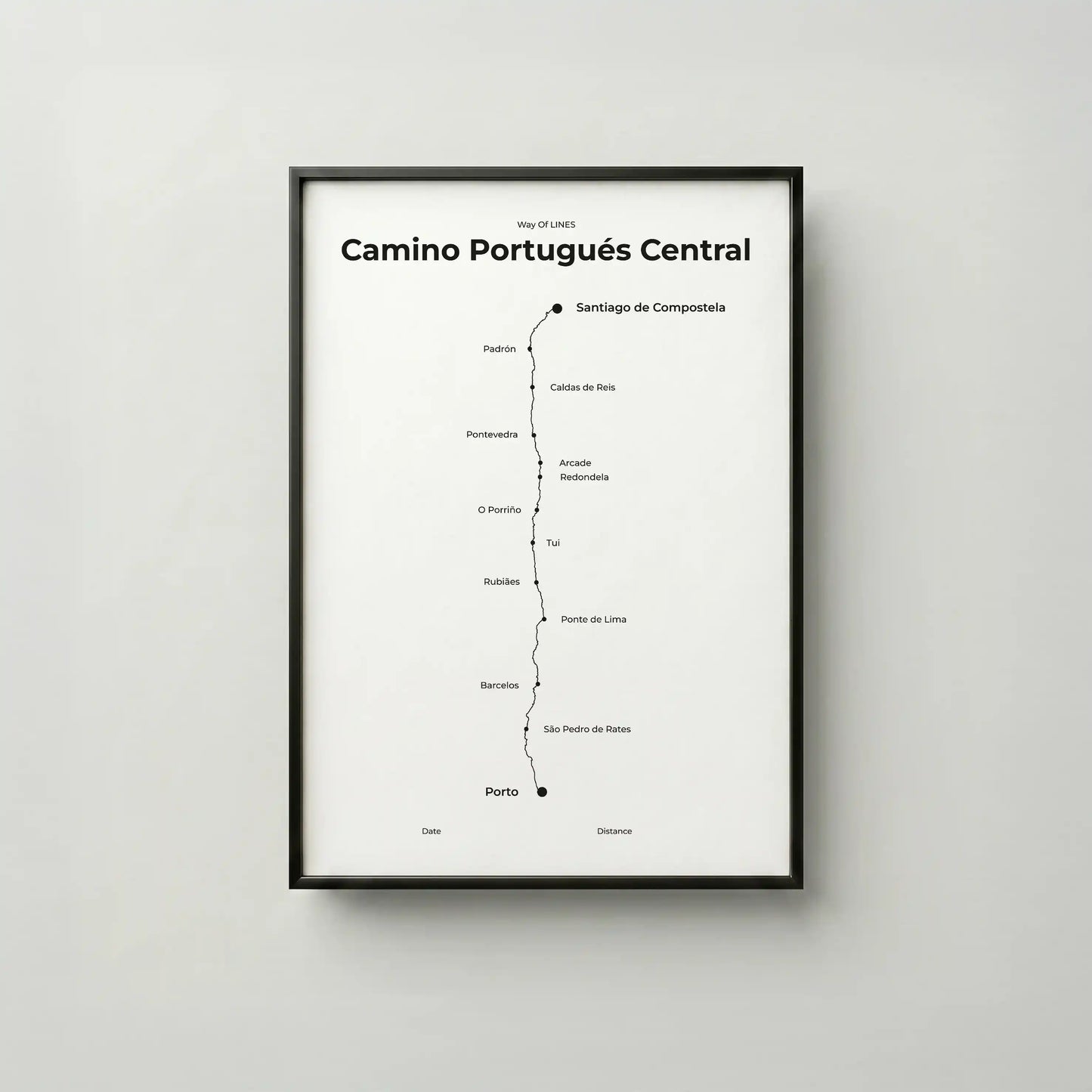 Minimalist Camino Portugués Central map poster in quiet black color, frame mockup.