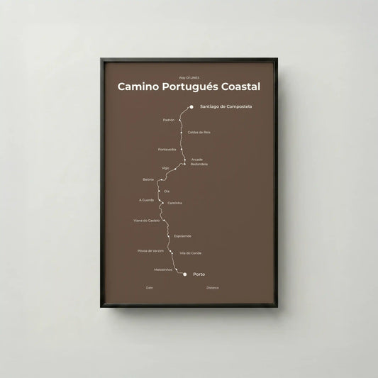 Minimalist Camino Portugués Coastal map poster in ashen clay color, frame mockup.