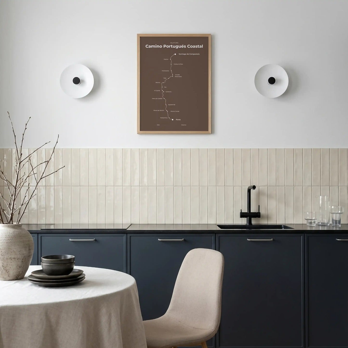 Minimalist Camino Portugués Coastal map poster in ashen clay color, interior mockup.