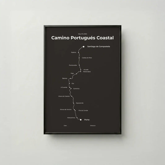 Minimalist Camino Portugués Coastal map poster in deep bark color, frame mockup.