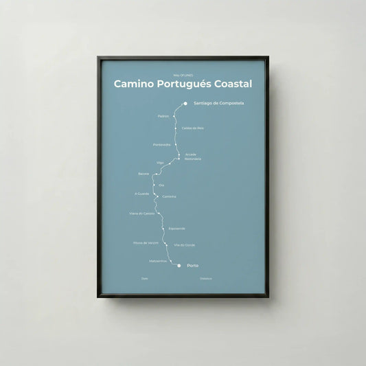 Minimalist Camino Portugués Coastal map poster in high mist color, frame mockup.