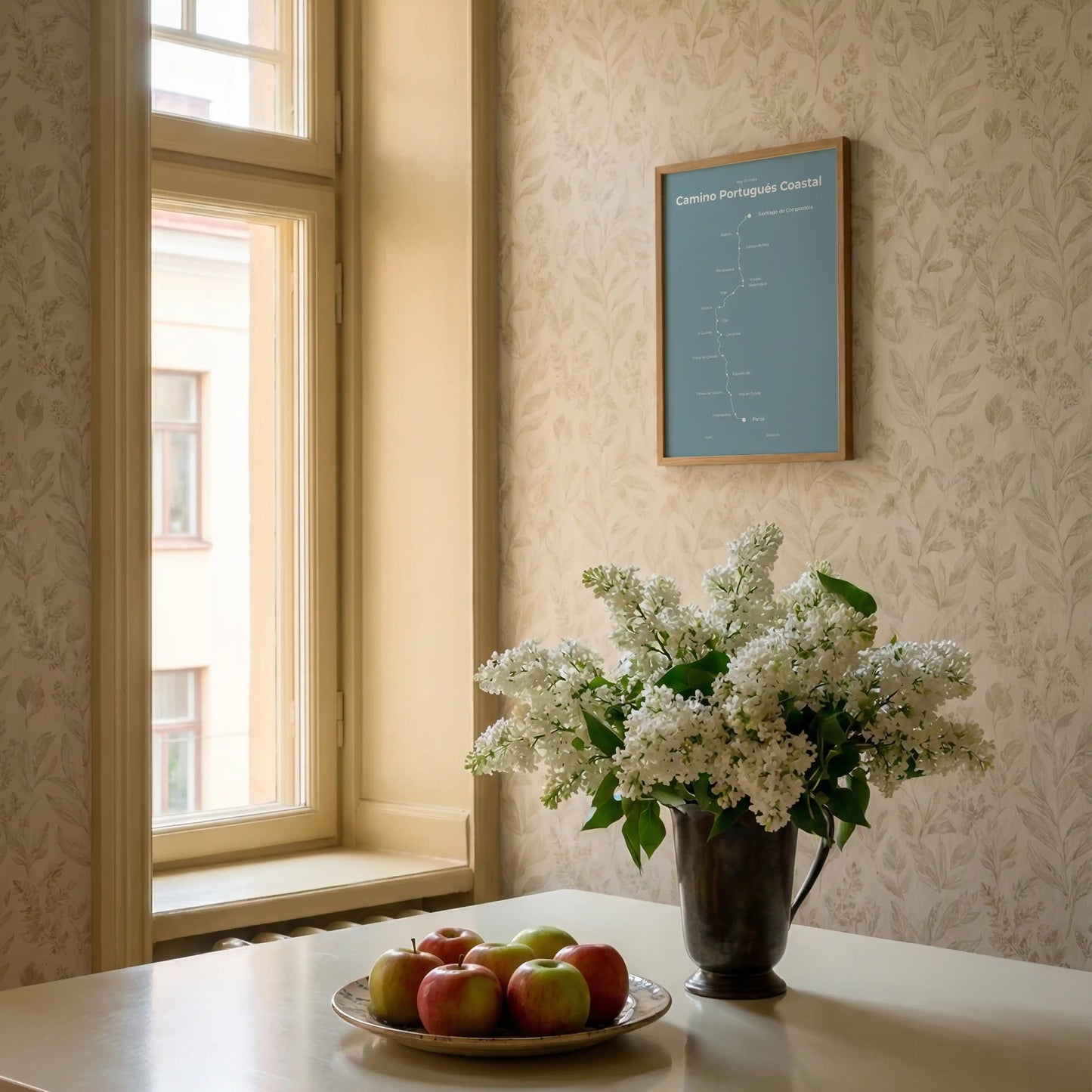 Minimalist Camino Portugués Coastal map poster in high mist color, interior mockup.