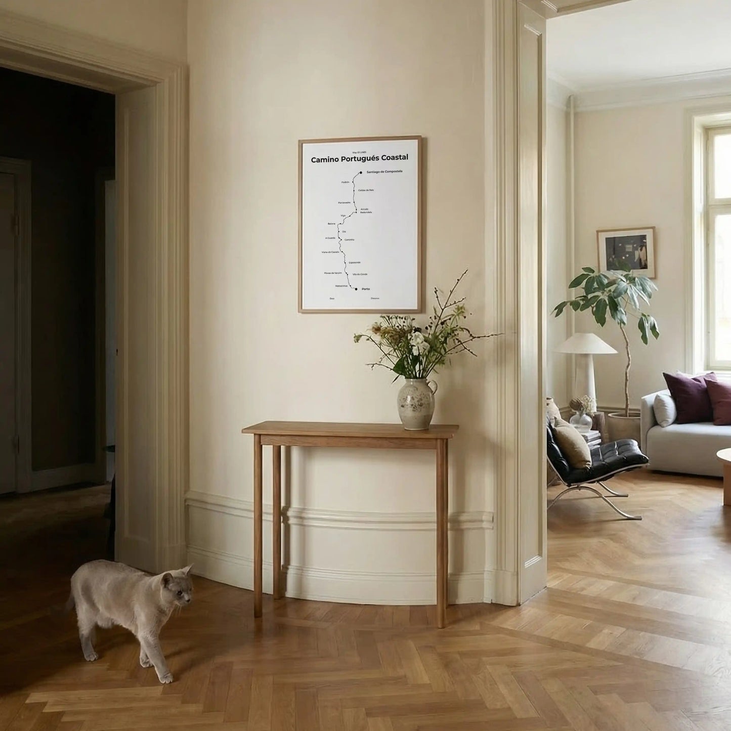 Minimalist Camino Portugués Coastal map poster in quiet black color, interior mockup.