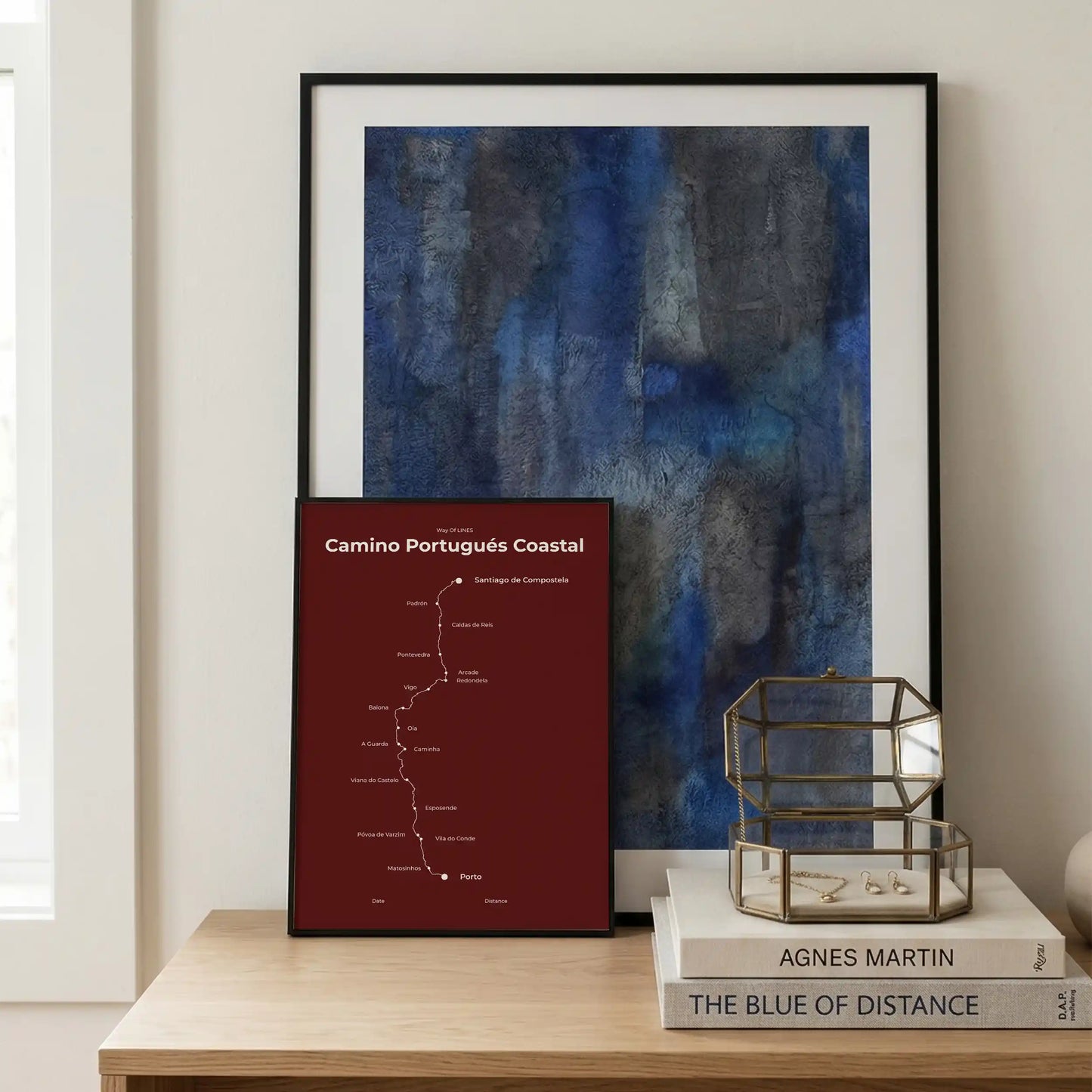 Minimalist Camino Portugués Coastal map poster in reserve red color, interior mockup.