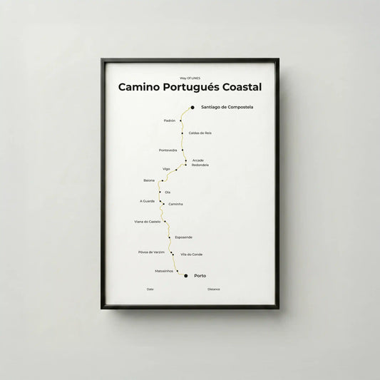 Minimalist Camino Portugués Coastal map poster in sunworn color, frame mockup.