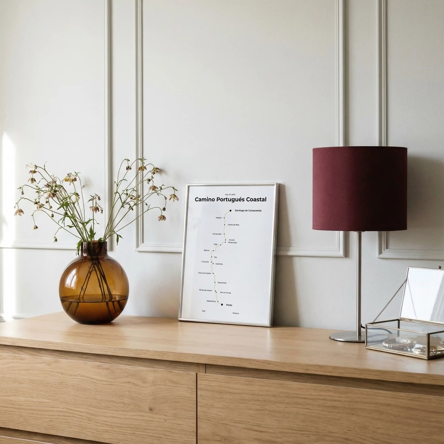 Minimalist Camino Portugués Coastal map poster in sunworn color, interior mockup.