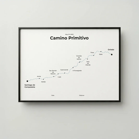 Minimalist Camino Primitivo map poster in north drift color, frame mockup.