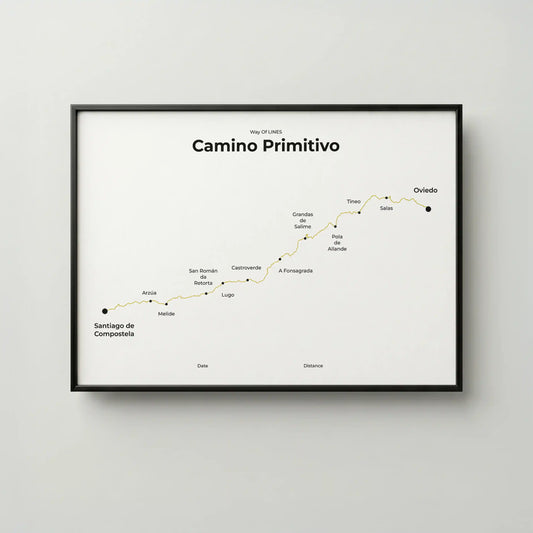 Minimalist Camino Primitivo map poster in sunworn color, frame mockup.