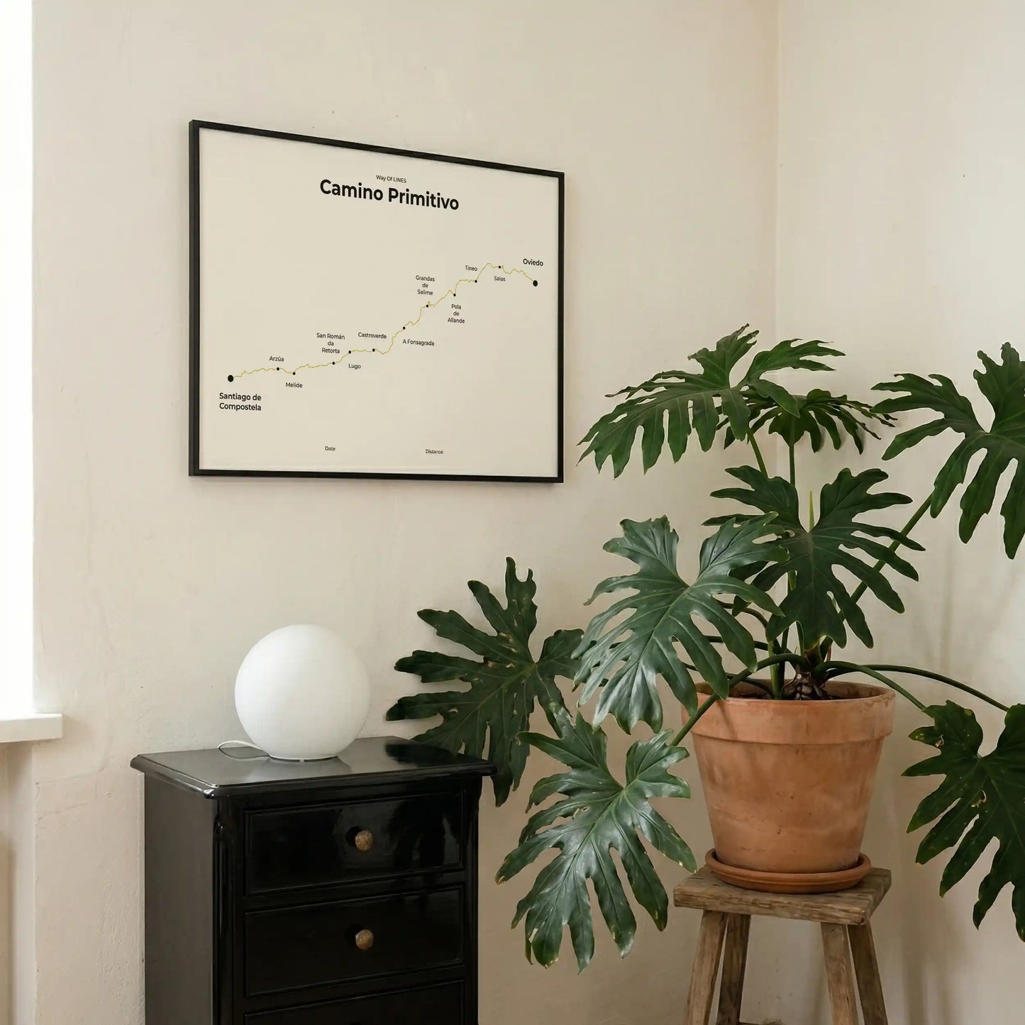 Minimalist Camino Primitivo map poster in sunworn color, interior mockup.