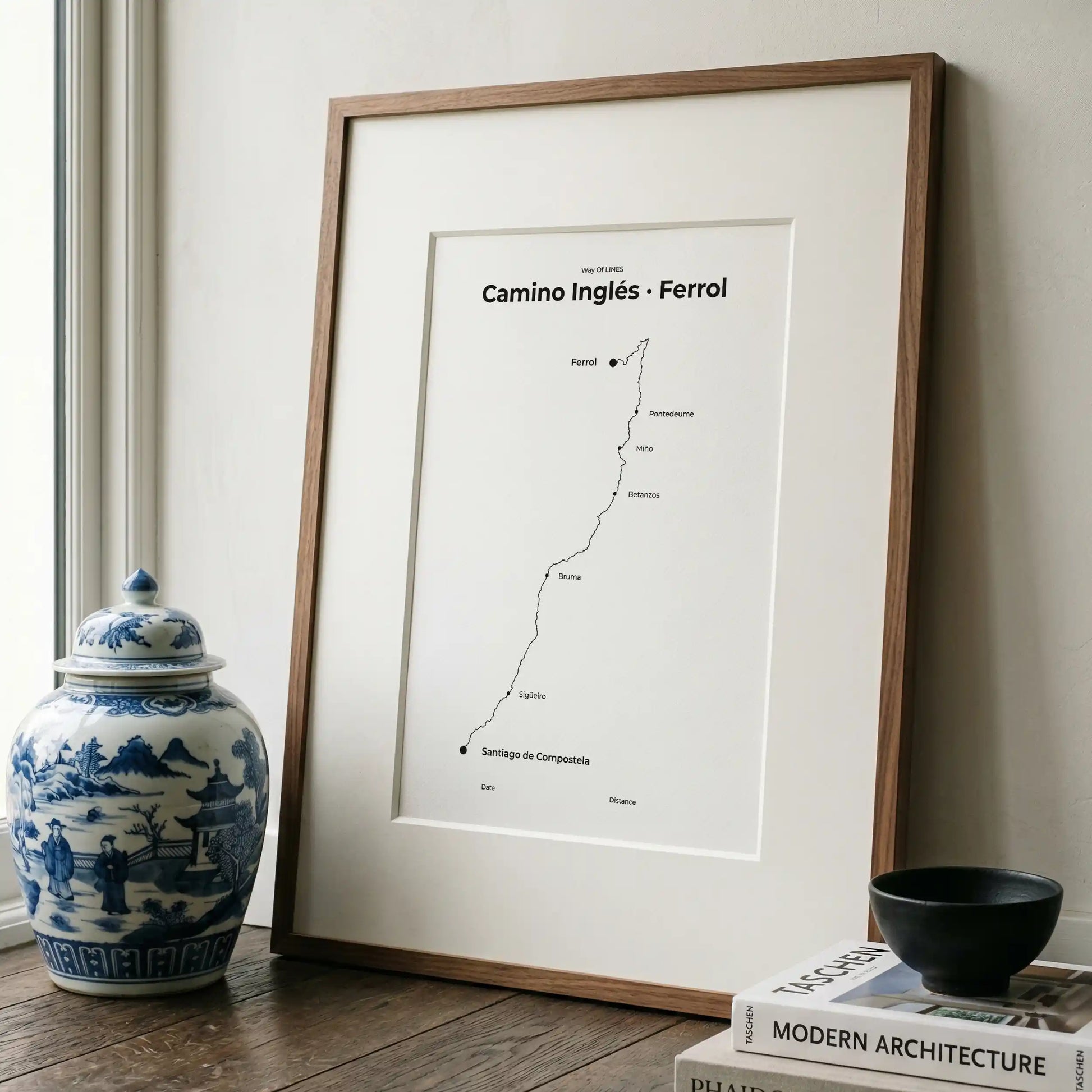 Minimalist Camino Inglés Ferrol to Santiago map poster in quiet black color, interior mockup.
