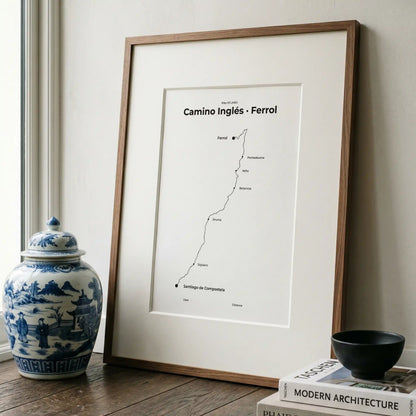 Minimalist Camino Inglés Ferrol to Santiago map poster in quiet black color, interior mockup.
