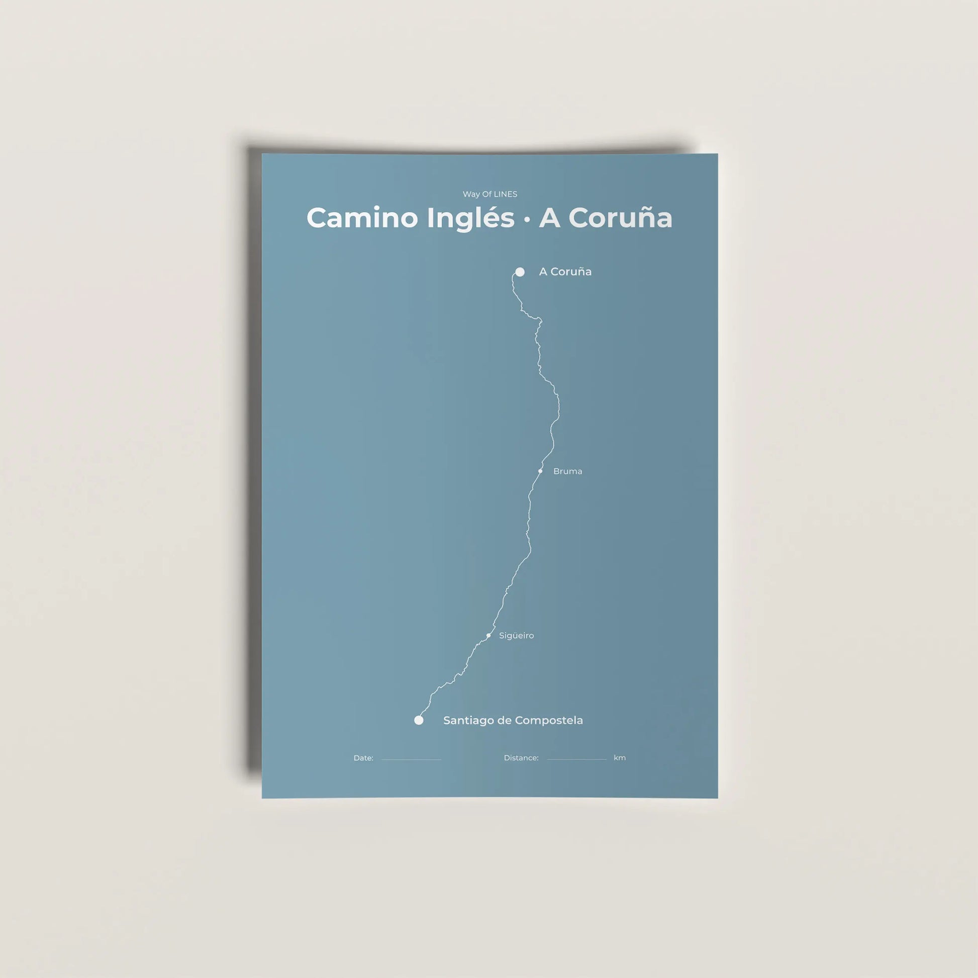 Minimalist Camino Inglés A Coruña map poster in High Mist color.