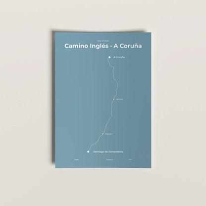 Minimalist Camino Inglés A Coruña map poster in High Mist color.