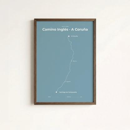 Minimalist Camino Inglés A Coruña map poster in High Mist color.