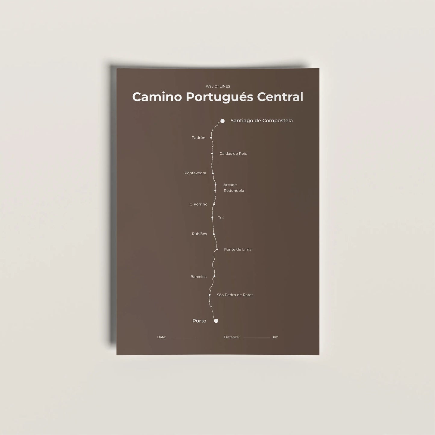 Minimalist Camino Portugués Central map poster in Ashen Clay color.
