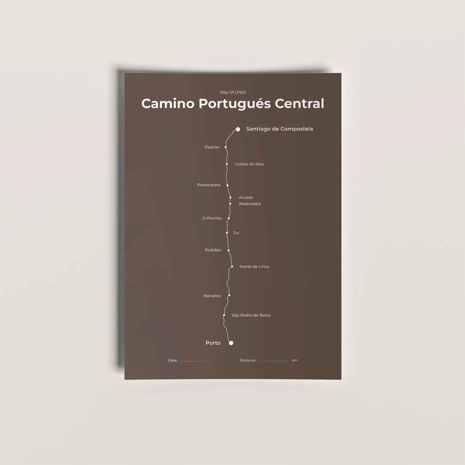 Minimalist Camino Portugués Central map poster in Ashen Clay color.
