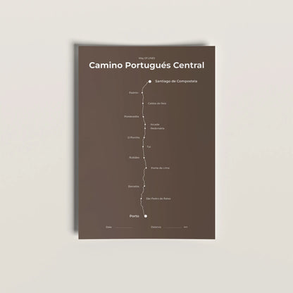 Minimalist Camino Portugués Central map poster in Ashen Clay color.
