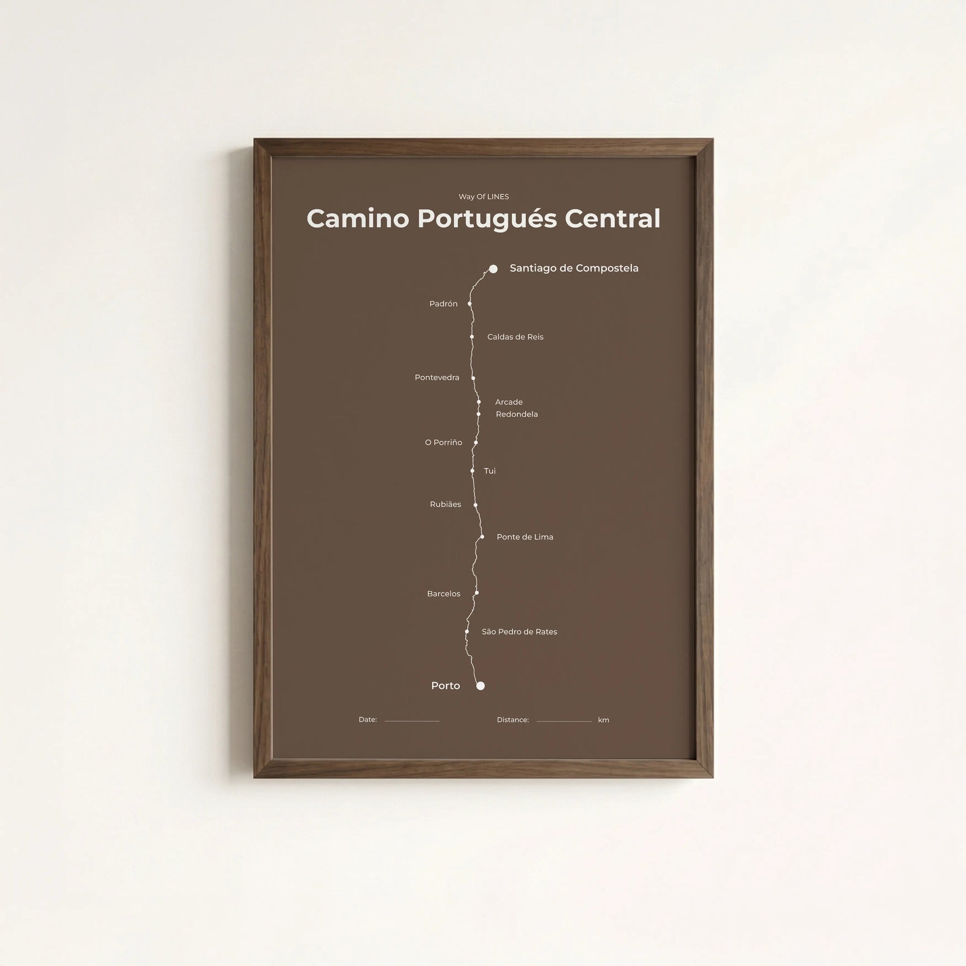 Minimalist Camino Portugués Central map poster in Ashen Clay color.
