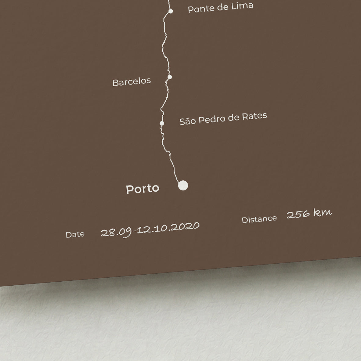 Personalized Camino Portugués Central map poster with handwritten date and distance details.
