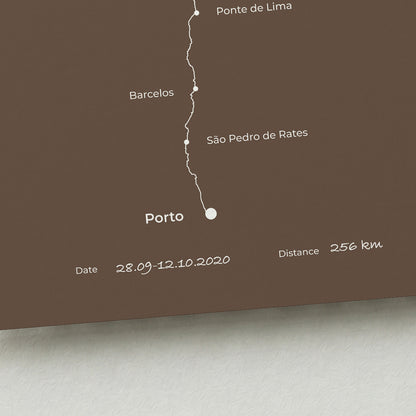 Personalized Camino Portugués Central map poster with handwritten date and distance details.
