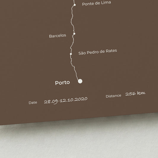 Personalized Camino Portugués Central map poster with handwritten date and distance details.
