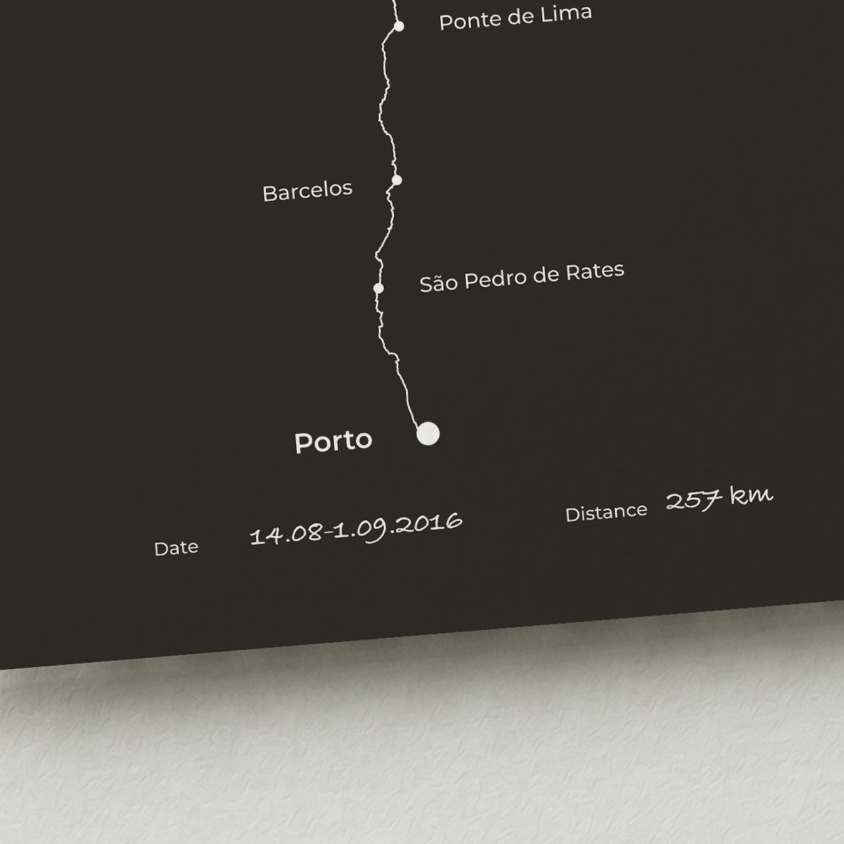 Personalized Camino Portugués Central map poster with handwritten date and distance details.
