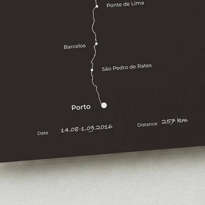 Personalized Camino Portugués Central map poster with handwritten date and distance details.
