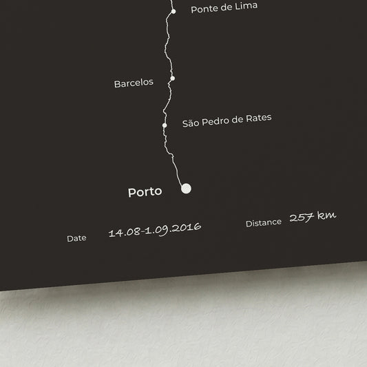 Personalized Camino Portugués Central map poster with handwritten date and distance details.
