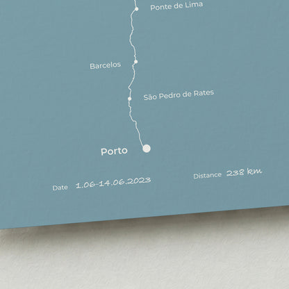 Personalized Camino Portugués Central map poster with handwritten date and distance details.
