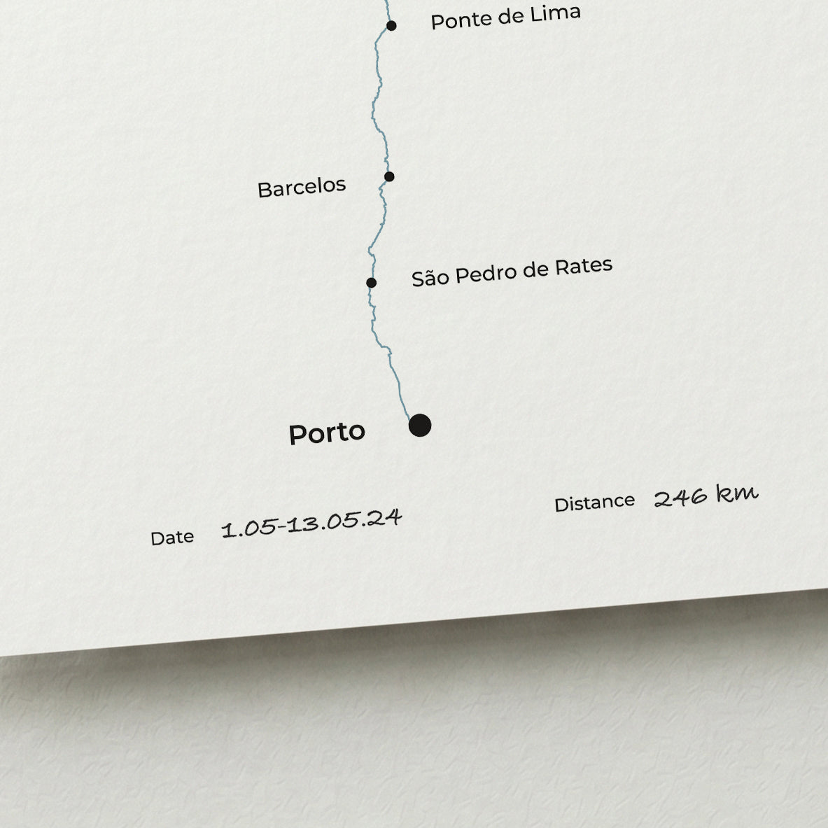 Personalized Camino Portugués Central map poster with handwritten date and distance details.