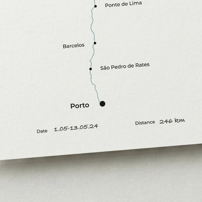 Personalized Camino Portugués Central map poster with handwritten date and distance details.