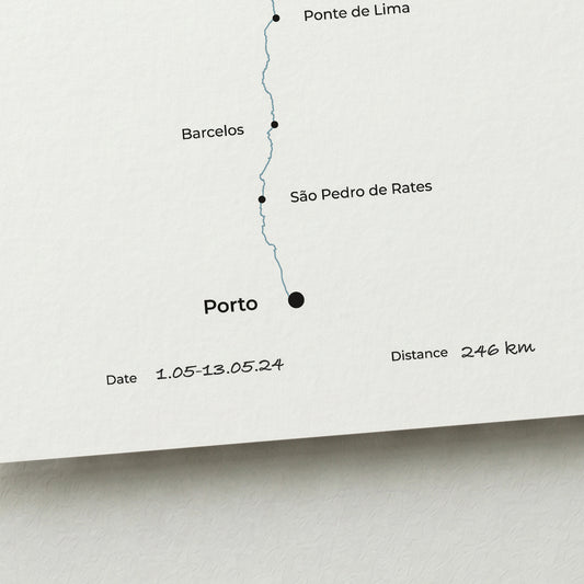 Personalized Camino Portugués Central map poster with handwritten date and distance details.