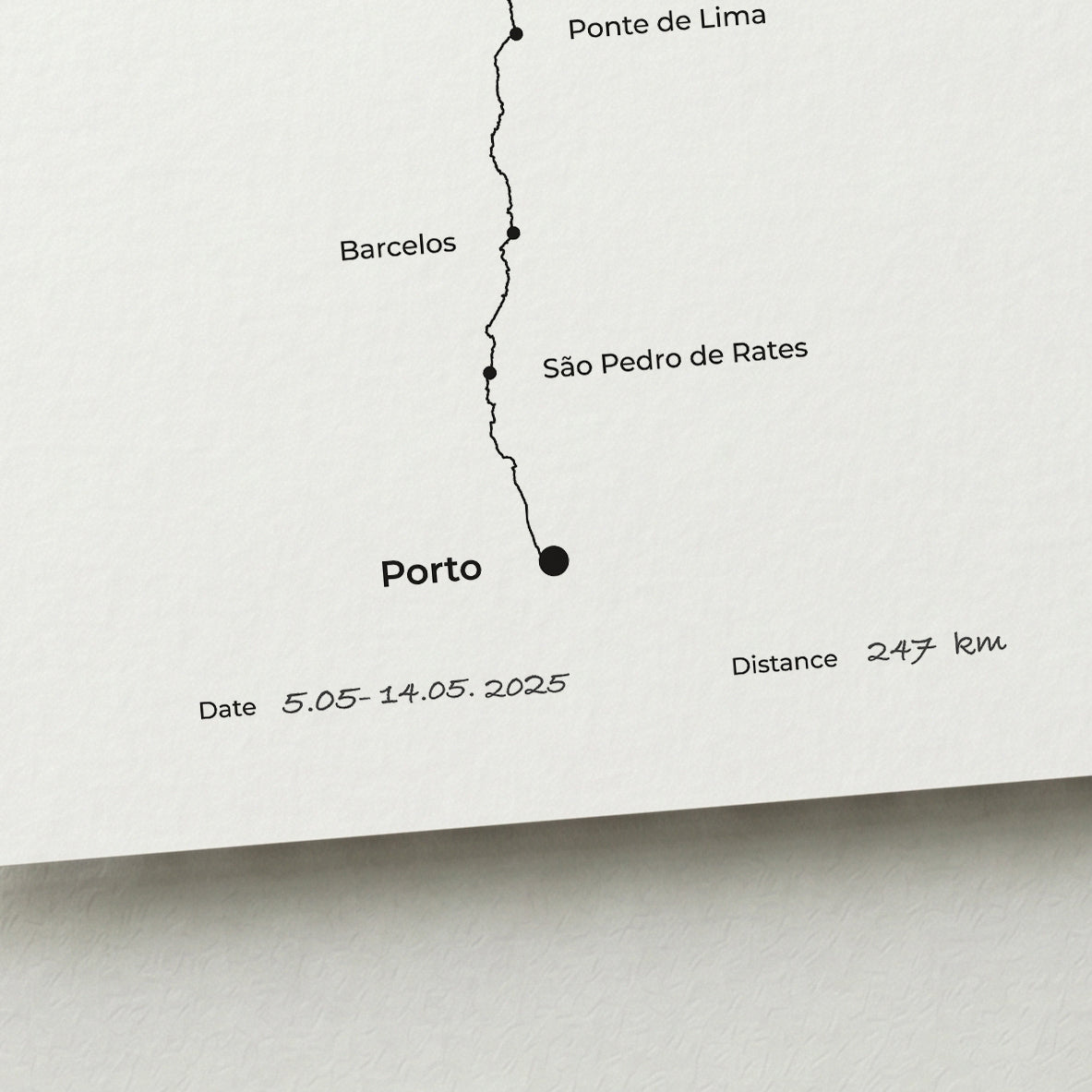Personalized Camino Portugués Central map poster with handwritten date and distance details.
