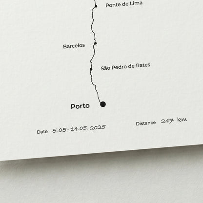 Personalized Camino Portugués Central map poster with handwritten date and distance details.
