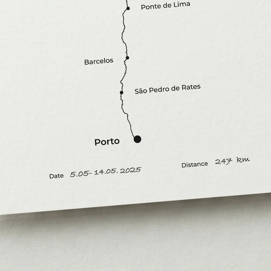 Personalized Camino Portugués Central map poster with handwritten date and distance details.
