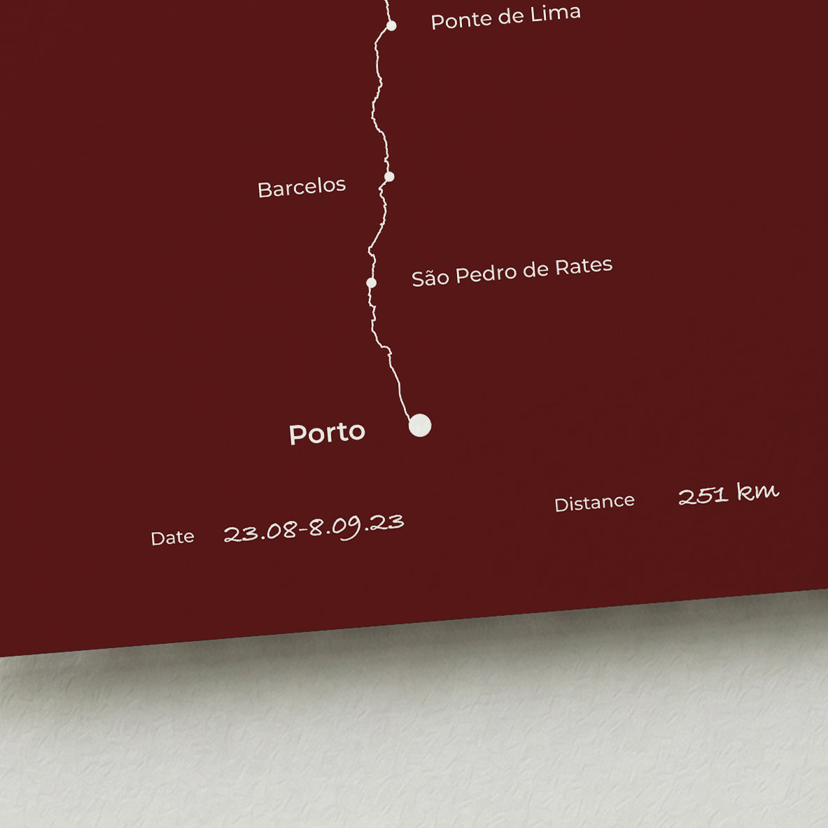 Personalized Camino Portugués Central map poster with handwritten date and distance details.