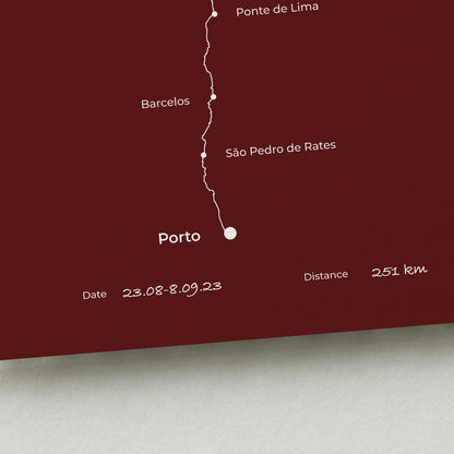 Personalized Camino Portugués Central map poster with handwritten date and distance details.
